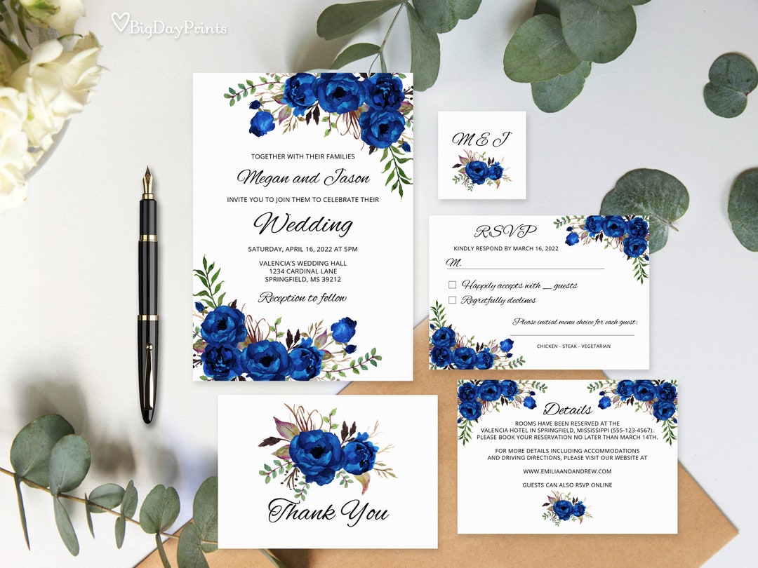 Royal Blue Wedding Invitation Template, Boho Chic Wedding Invitation ...