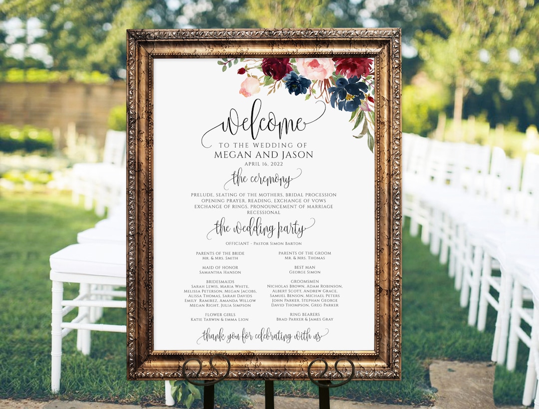 Burgundy Navy Blush Wedding Program Sign, Ceremony Program Sign ...