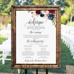 Burgundy Navy Blush Wedding Program Sign, Ceremony Program Sign, Welcome Program Sign, Program Poster, Templett, A102