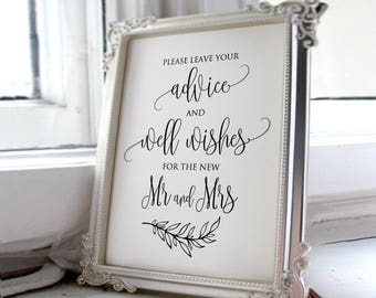 Please Leave Your Advice And Wishes For The New Mr And Mrs, Wedding Wishing Well Sign, Wedding Advice Sign, Calligraphy, #A045