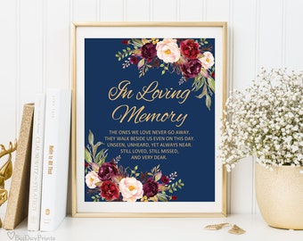 In Loving Memory Sign, Memorial Table Sign, Burgundy Floral Wedding Sign Printable, Floral Wedding Sign, Instant Download, A033