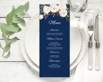 Navy Wedding Menu Template, Blue Floral Wedding Menu Card, Wedding Menu Printable, Boho Chic, Navy and White, Templett, A051
