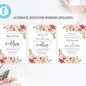Blush Pink Wedding Invitation Template, Floral Wedding Invitation Suite, Boho Chic Wedding Set, Templett, #A049 image 3