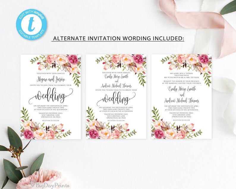 Blush Pink Wedding Invitation Template, Floral Wedding Invitation Suite, Boho Chic Wedding Set, Templett, #A049 image 3