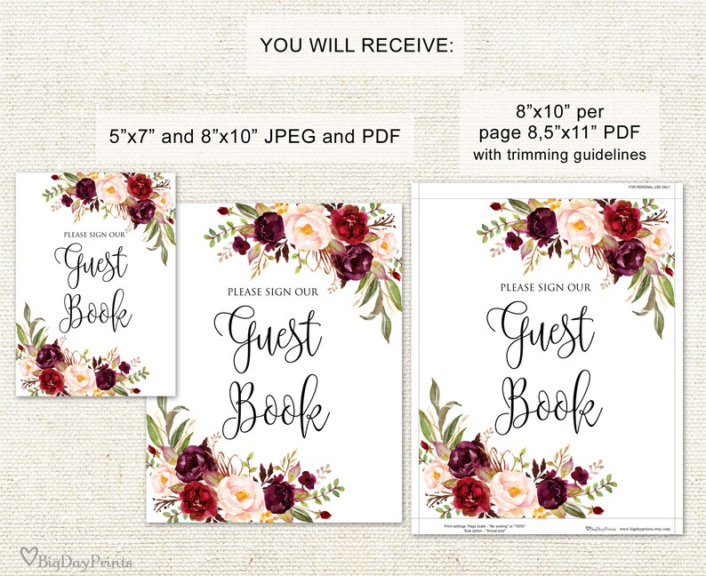 Guest Book Sign, Guest Book Reception Sign, Printable Wedding Sign, Please Sign our Guest Book, Floral Wedding Sign, Instant Download, A047 image 2