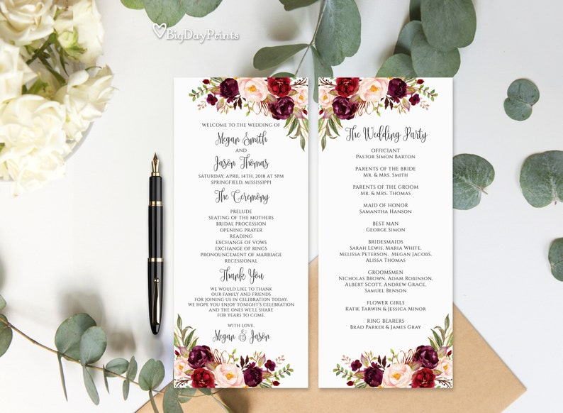 Burgundy Wedding Program Template, Ceremony Program Printable, Floral Boho Chic Wedding Program, Marsala Wedding Program, Templett, A047 image 1