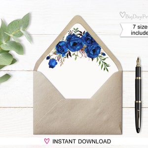 Protège-enveloppes, modèle de protège-enveloppe bleu roi, aquarelle florale, fond blanc, bohème chic, assorti au # A016