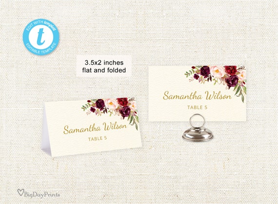Ivory & Burgundy Tented or Flat Wedding Place Cards