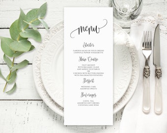 Modèle de Menu de mariage moderne, calligraphie, carte de menu de mariage, menu de mariage imprimable, Templett, #A030