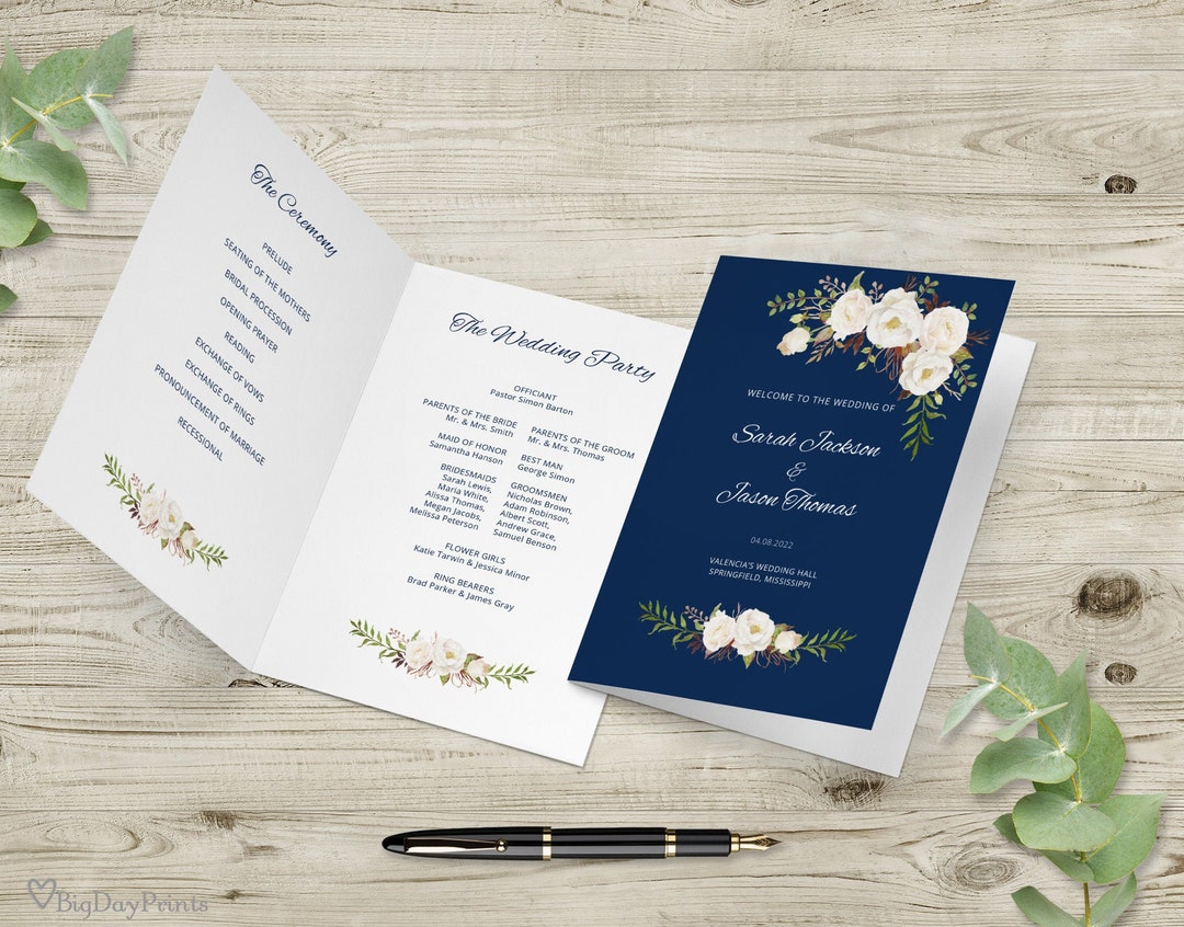Blue Wedding Program Template, Ceremony Program Printable, Folded ...