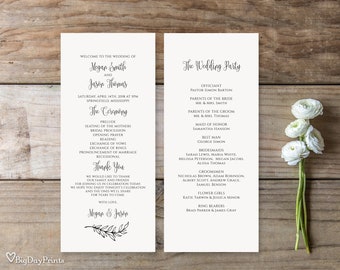 Pode incluir: Programa da cerimônia de casamento com fundo branco e texto preto. O programa inclui a ordem da cerimônia de casamento, uma mensagem de agradecimento do casal e uma lista dos membros da festa de casamento. O programa é decorado com um design floral simples.