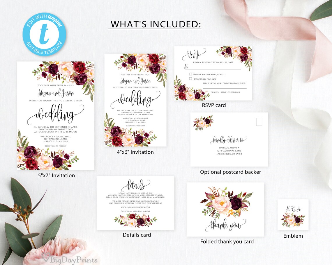 Burgundy Wedding Invitation Template Floral Wedding | Etsy