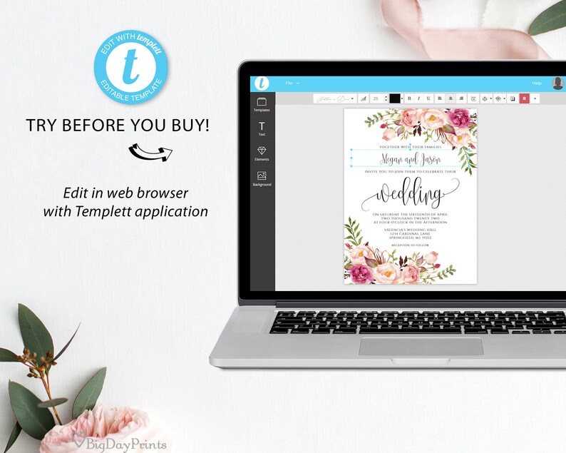 #A049 Wedding Invitation Template Templett Floral Wedding Invitation Suite Boho Chic Wedding Set Blush Wedding Invitation