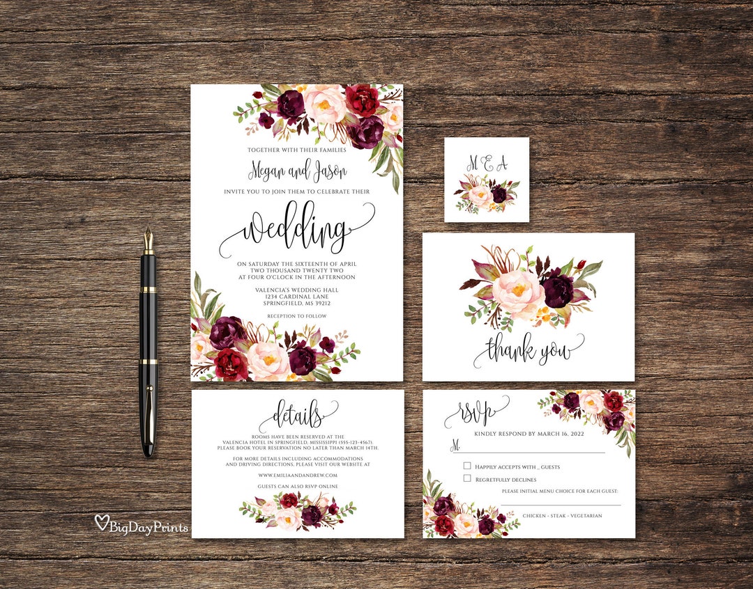 Burgundy Wedding Invitation Template, Floral Wedding Invitation Suite