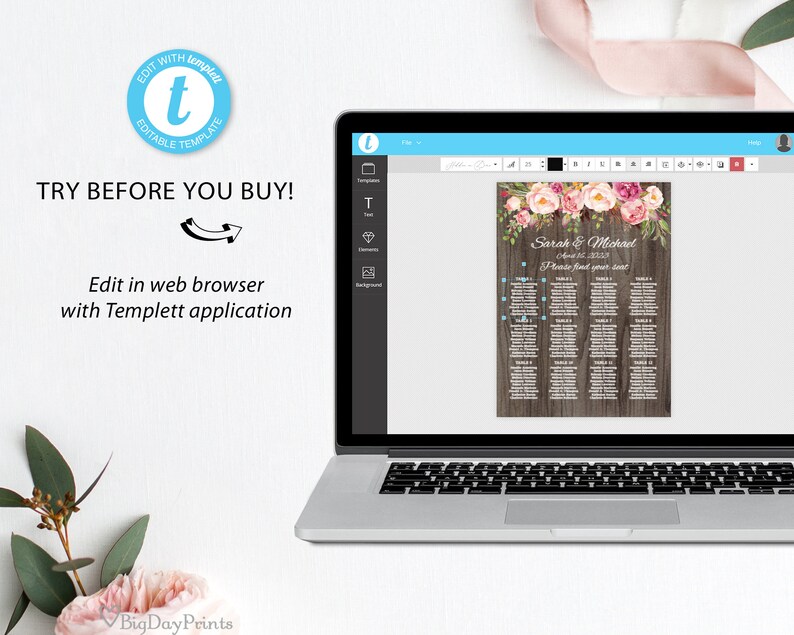 Rustic Wedding Seating Chart Template, Boho Chic Wedding Table Plan, Rustic Seating Board, Table Plan, Templett, A060 image 2