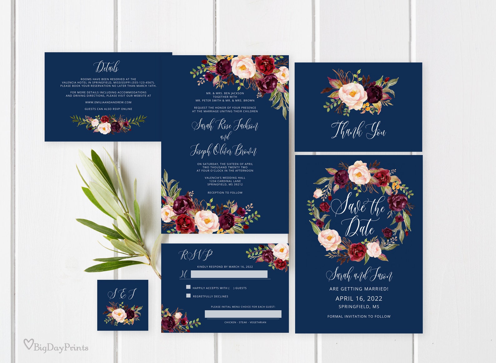 Burgundy Navy Wedding Invitation Template Blue Wedding - Etsy