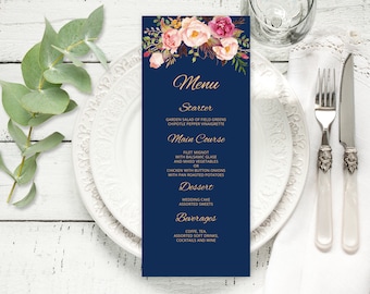 Navy Wedding Menu Template, Blue Floral Wedding Menu Card, Wedding Menu Printable, Boho Chic Wedding, Templett, #A011