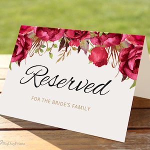 Red Wedding Reserved Sign Printable, Wedding Reserved Table Sign, Reserved Card Recetion, Red Flowers, Templett, #A015