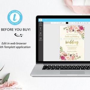 May include: A laptop displays a wedding invitation template with floral accents in pink and white. The text reads "Emilia and Anthony" and "Wedding." The screen also shows editing tools and the words "Try Before You Buy!" and "Edit in web browser with Templett application."