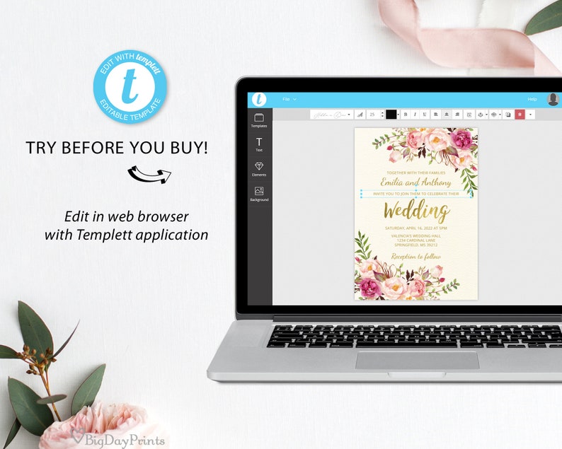 May include: A laptop displays a wedding invitation template with floral accents in pink and white. The text reads "Emilia and Anthony" and "Wedding." The screen also shows editing tools and the words "Try Before You Buy!" and "Edit in web browser with Templett application."