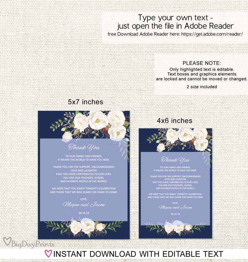 Instant Download Wedding Table Thank You #A051 Floral Wedding Thank You Place Card Thank You Place Setting Navy and White Editable PDF