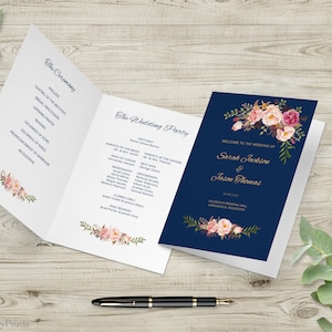 Navy-Hochzeitsprogramm, Navy-Hochzeitsprogramm zum Ausdrucken, gefaltetes Hochzeitsprogramm zum Ausdrucken, Templett, #A011