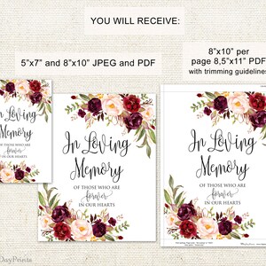 In Loving Memory Sign, Memorial Table Sign, Burgundy Floral Wedding Sign Printable, Floral Wedding Sign, Instant Download, A047 image 2