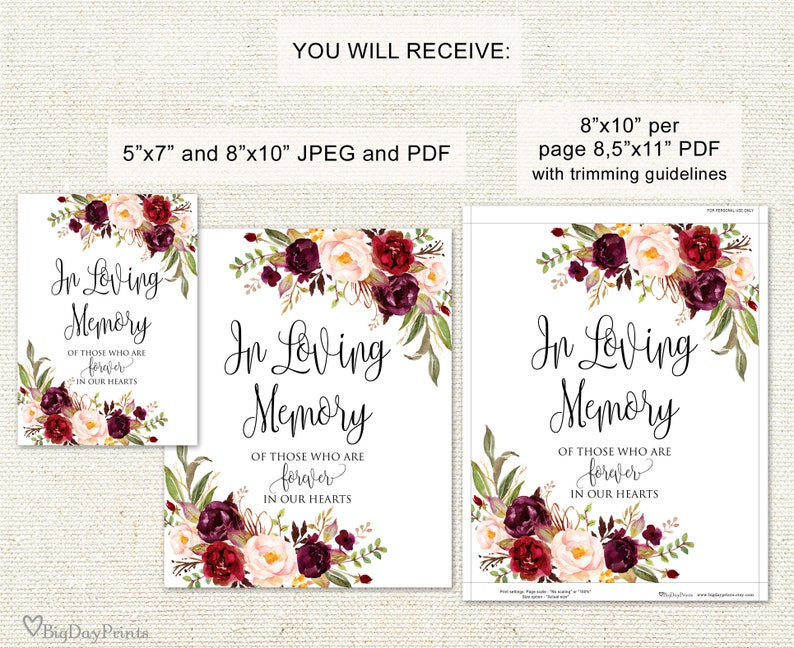 In Loving Memory Sign, Memorial Table Sign, Burgundy Floral Wedding Sign Printable, Floral Wedding Sign, Instant Download, A047 image 2