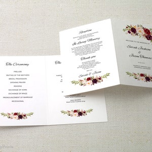 Burgundy Wedding Program Template, Foldable Wedding Program, Ceremony Program Printable, Folded Wedding Program Printable, Templett, #A023