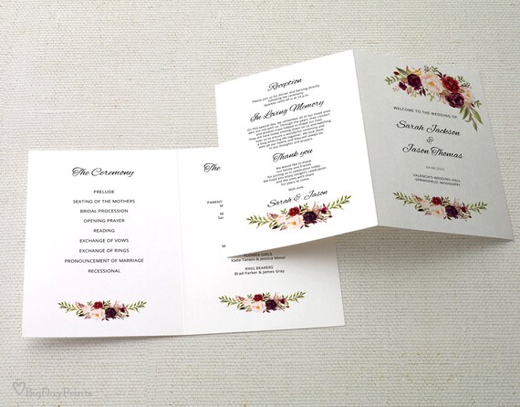 Burgundy Wedding Program Template, Foldable Wedding Program, Ceremony Program Printable, Folded Wedding Program Printable, Templett, #A023