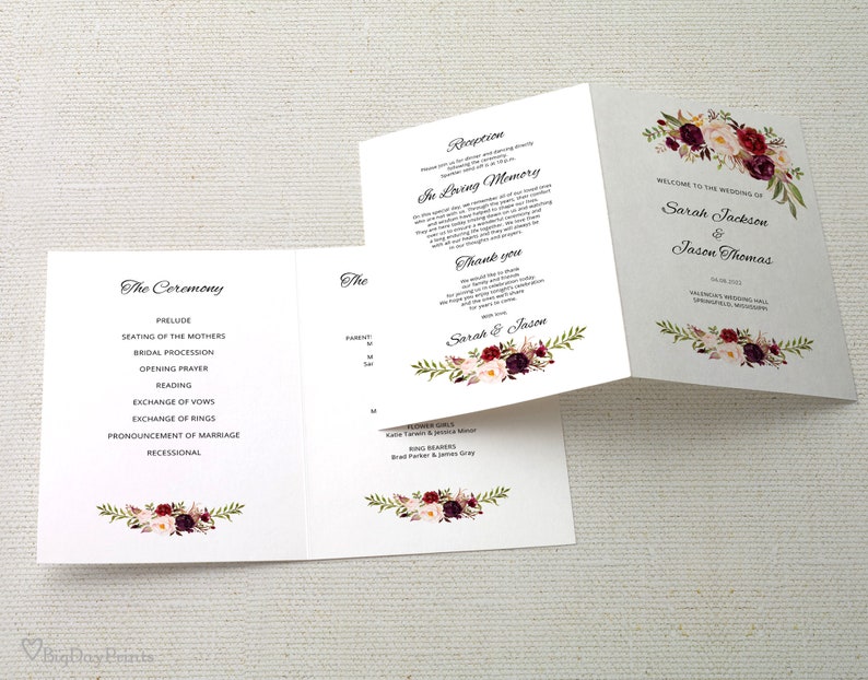 May include: Wedding invitation with a floral design in shades of pink, burgundy, and cream. The text reads "Welcome to the Wedding of Sarah Jackson & Jason Thomas".