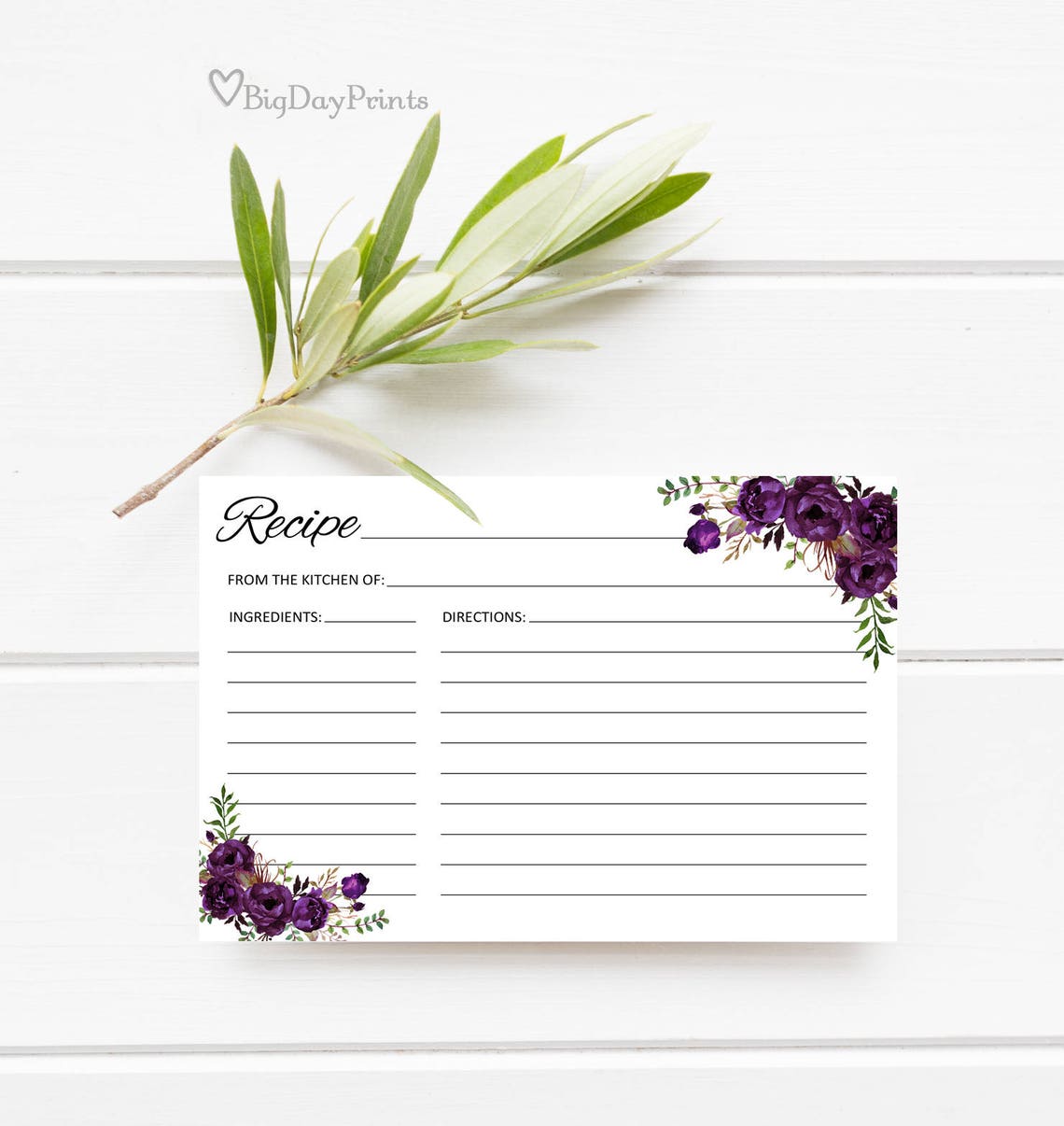 Bridal Shower Recipe Cards Recipe Card Printable Floral - Etsy