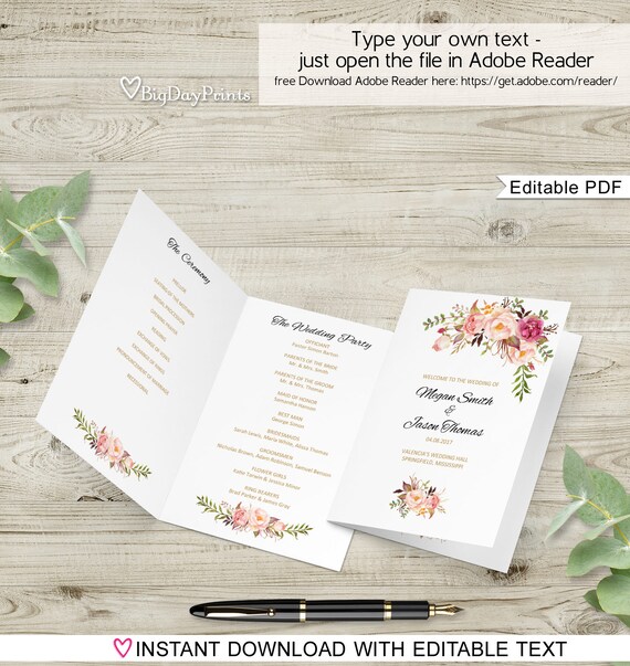 Wedding Program Template Ceremony Program Printable Folded Etsy