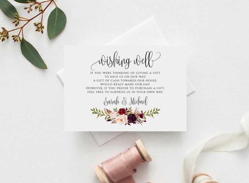 Burgundy Wedding Wishing Well Card Template, Printable Wishing Well Card, Floral Wishing Well, Marsala Wedding Cards, Templett, A047 image 1