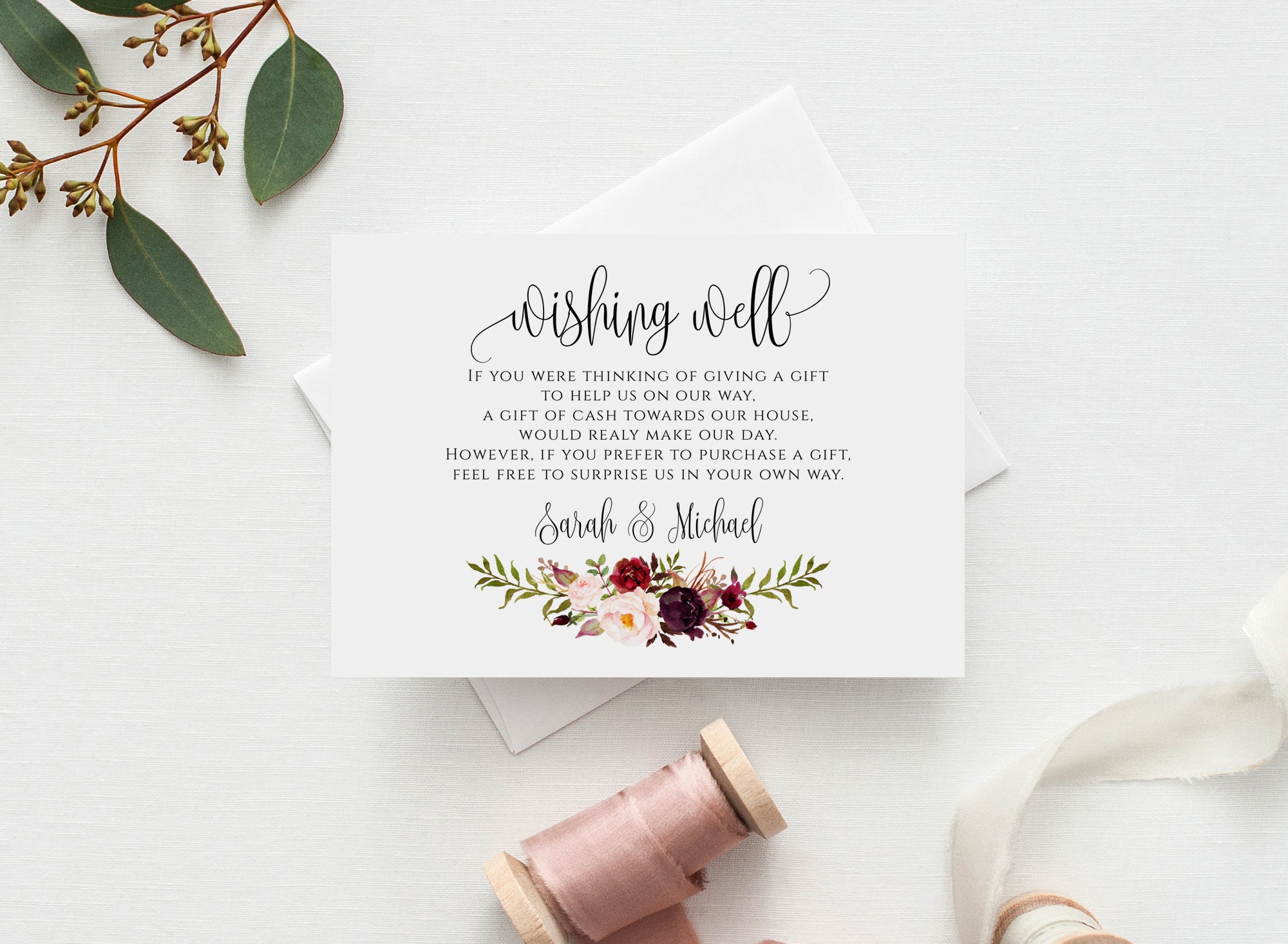Burgundy Wedding Wishing Well Card Template, Printable Wishing Well Card, Floral Wishing Well, Marsala Wedding Cards, Templett, #A047