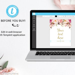 May include: A laptop screen displaying a floral design template with the text "Your text here" and "YOUR TEXT HERE". The template is editable using the Templett application.