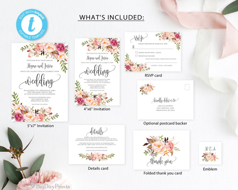 #A049 Wedding Invitation Template Templett Floral Wedding Invitation Suite Boho Chic Wedding Set Blush Wedding Invitation