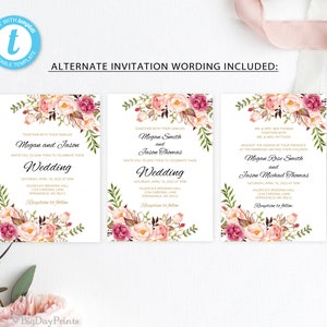 Floral Wedding Invitation Template, Boho Chic Wedding Invitation Suite, Wedding Set, Blush Pink Wedding Invitation, Templett, A008 image 3