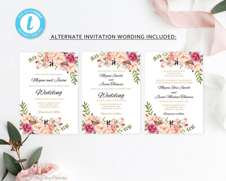 Floral Wedding Invitation Template, Boho Chic Wedding Invitation Suite, Wedding Set, Blush Pink Wedding Invitation, Templett, A008 image 3