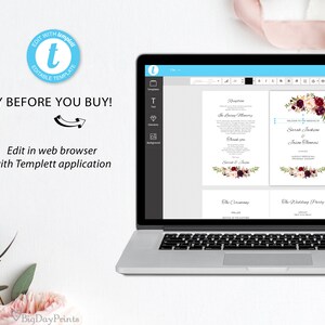 May include: A laptop screen displaying a wedding invitation template with a floral design. The template is editable using the Templett application. The text on the screen reads "Welcome to the Wedding of Sarah Jackson & Jason Thomas".