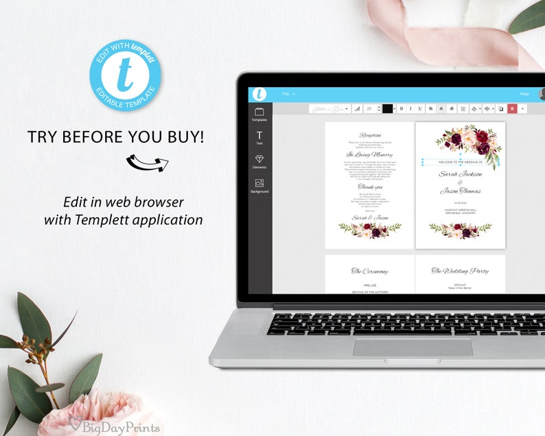 May include: A laptop screen displaying a wedding invitation template with a floral design. The template is editable using the Templett application. The text on the screen reads "Welcome to the Wedding of Sarah Jackson & Jason Thomas".
