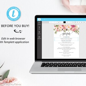 Blush Wedding Menu Sign, Floral Wedding Menu Poster, Wedding Menu Board, Instant Download, Templett, #A049 image 2