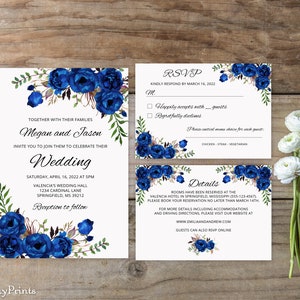 Blue Wedding Invitation Template, Royal Blue Wedding Invitation, Boho Chic Wedding Invitation Suite, Floral Wedding Set, Templett, A016 image 1