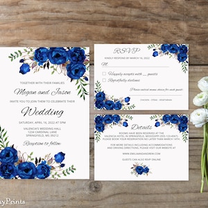 Blue Wedding Invitation Template, Royal Blue Wedding Invitation, Boho Chic Wedding Invitation Suite, Floral Wedding Set, Templett, A016