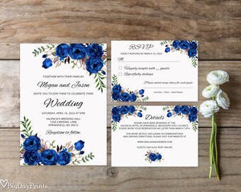 Blauwe bruiloft uitnodiging sjabloon, Royal Blue bruiloft uitnodiging, Boho chique bruiloft uitnodiging Suite, bloemen bruiloft set, Templett, A016