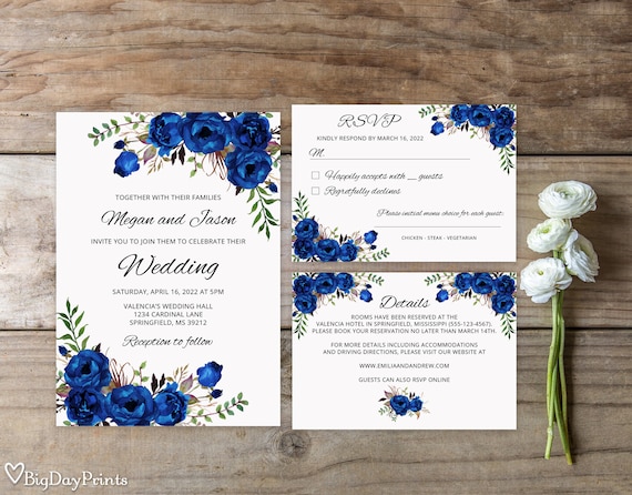 Blue Wedding Invitation Template Royal Blue Wedding Etsy