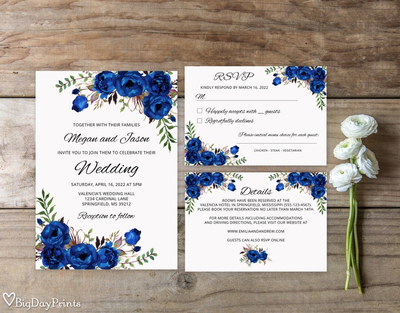 Blue Wedding Invitation Template, Royal Blue Wedding Invitation, Boho Chic Wedding Invitation Suite, Floral Wedding Set, Templett, A016 image 1