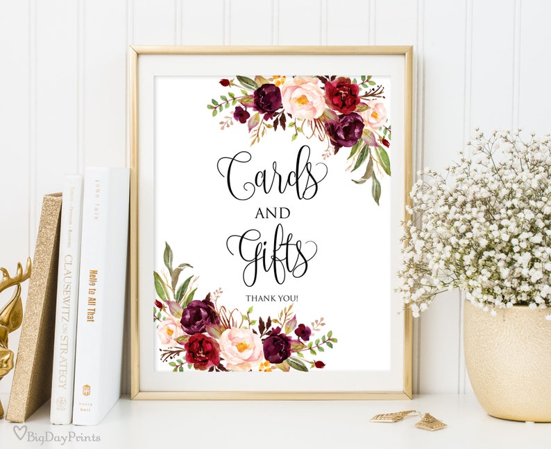 Cards and Gifts Sign, Gift Table Sign, Printable Wedding Sign, Gift Table Reception Sign, Burgundy Wedding Sign, Instant Download, A047 image 1