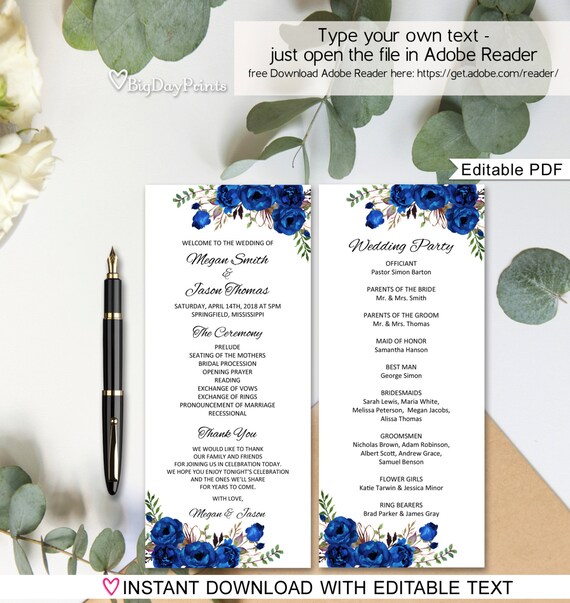 Blue Wedding Program Template Royal Blue Ceremony Program Etsy