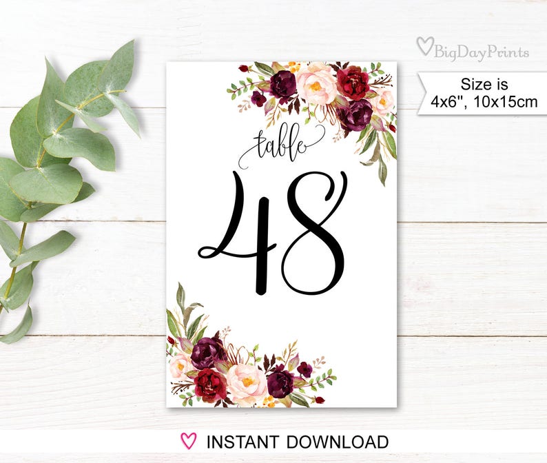 Wedding Table Numbers, Floral Table Numbers, Printable Wedding Table Numbers, 4x6, 10x15 cm, Instant Download, A047 image 1